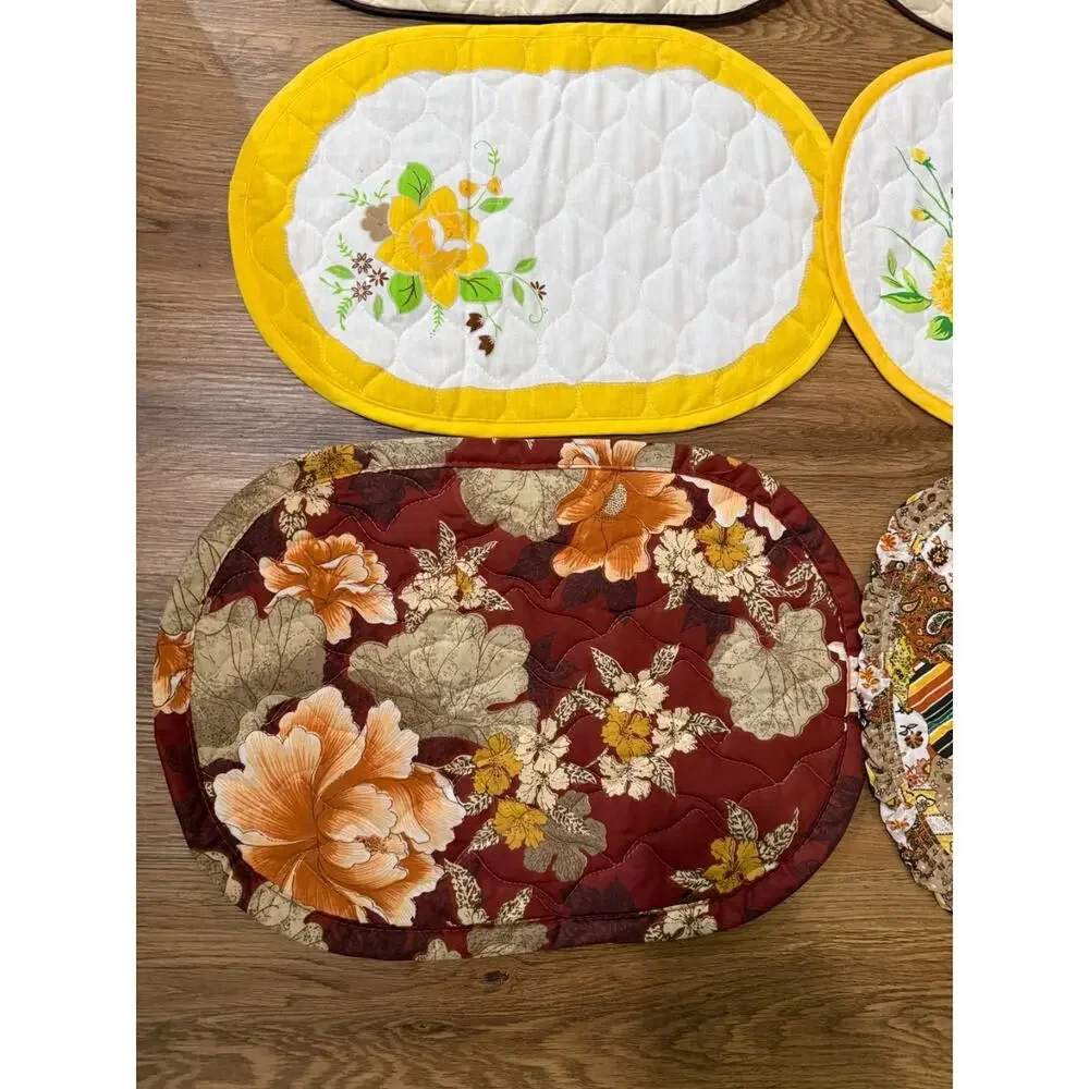 Vintage Handmade Quilted Placemats Lot of 6 Floral Fruit 19x13
